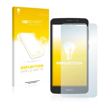 Parte frontal de un envase de producto con el logotipo de la marca upscreen. Al lado se muestra el dispositivo Zopo Color E5.5