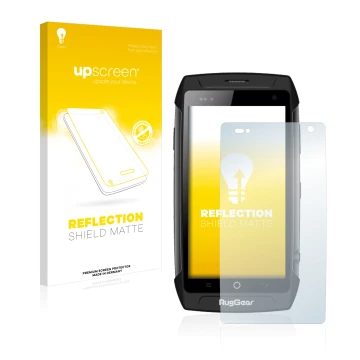 Parte frontal de un envase de producto con el logotipo de la marca upscreen. Al lado se muestra el dispositivo RugGear RG730 c