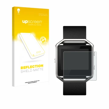 Parte frontal de un envase de producto con el logotipo de la marca upscreen. Al lado se muestra el dispositivo Fitbit Blaze co