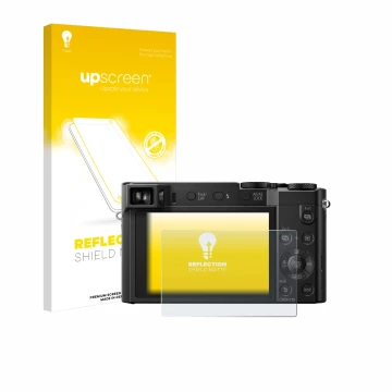 Parte frontal de un envase de producto con el logotipo de la marca upscreen. Al lado se muestra el dispositivo Panasonic Lumix