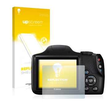 Parte frontal de un envase de producto con el logotipo de la marca upscreen. Al lado se muestra el dispositivo Canon PowerShot