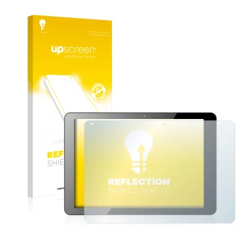 Parte frontal de un envase de producto con el logotipo de la marca upscreen. Al lado se muestra el dispositivo Chuwi Hi12 con 