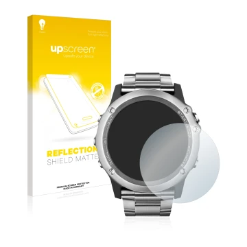 Parte frontal de un envase de producto con el logotipo de la marca upscreen. Al lado se muestra el dispositivo Garmin Fenix 3 
