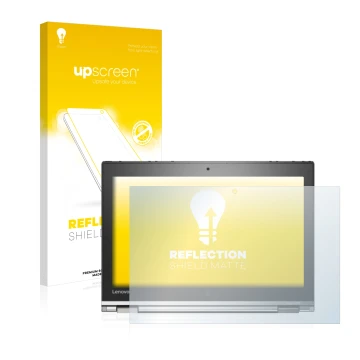 Parte frontal de un envase de producto con el logotipo de la marca upscreen. Al lado se muestra el dispositivo Lenovo ThinkPad
