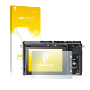 Parte frontal de un envase de producto con el logotipo de la marca upscreen. Al lado se muestra el dispositivo Fujifilm FinePi
