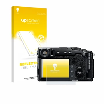 Parte frontal de un envase de producto con el logotipo de la marca upscreen. Al lado se muestra el dispositivo Fujifilm X-Pro2