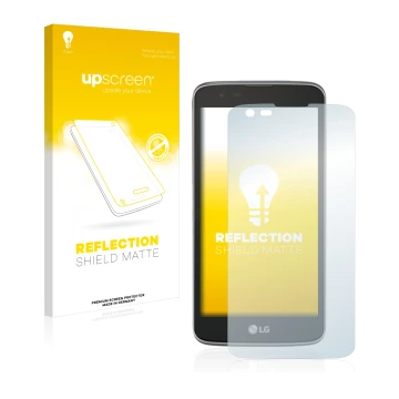 Parte frontal de un envase de producto con el logotipo de la marca upscreen. Al lado se muestra el dispositivo LG Tribute 5 co