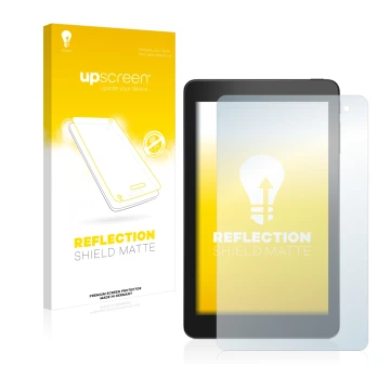 Parte frontal de un envase de producto con el logotipo de la marca upscreen. Al lado se muestra el dispositivo Dell Venue 8 Pr