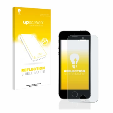 Parte frontal de un envase de producto con el logotipo de la marca upscreen. Al lado se muestra el dispositivo Apple iPhone SE