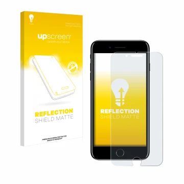 Parte frontal de un envase de producto con el logotipo de la marca upscreen. Al lado se muestra el dispositivo Apple iPhone 7 