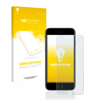 Parte frontal de un envase de producto con el logotipo de la marca upscreen. Al lado se muestra el dispositivo Apple iPhone 7 