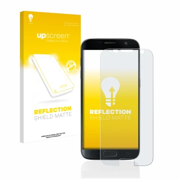 Parte frontal de un envase de producto con el logotipo de la marca upscreen. Al lado se muestra el dispositivo Samsung Galaxy 
