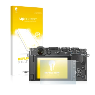 Parte frontal de un envase de producto con el logotipo de la marca upscreen. Al lado se muestra el dispositivo Olympus PEN-F c