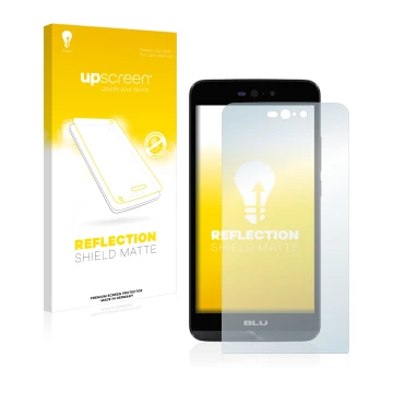 Parte frontal de un envase de producto con el logotipo de la marca upscreen. Al lado se muestra el dispositivo BLU Dash X LTE 