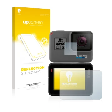 Parte frontal de un envase de producto con el logotipo de la marca upscreen. Al lado se muestra el dispositivo GoPro Hero 5 Bl