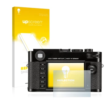 Parte frontal de un envase de producto con el logotipo de la marca upscreen. Al lado se muestra el dispositivo Leica M (Typ 26