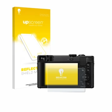 Parte frontal de un envase de producto con el logotipo de la marca upscreen. Al lado se muestra el dispositivo Panasonic Lumix