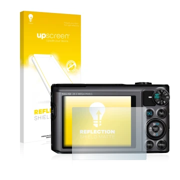 Parte frontal de un envase de producto con el logotipo de la marca upscreen. Al lado se muestra el dispositivo Canon PowerShot
