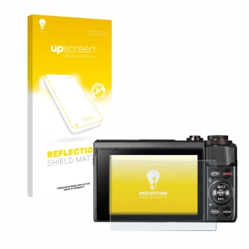 Parte frontal de un envase de producto con el logotipo de la marca upscreen. Al lado se muestra el dispositivo Canon PowerShot