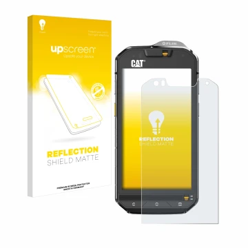 Parte frontal de un envase de producto con el logotipo de la marca upscreen. Al lado se muestra el dispositivo Caterpillar Cat