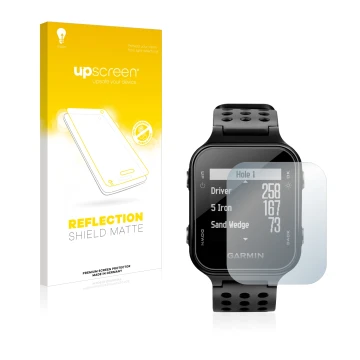 Parte frontal de un envase de producto con el logotipo de la marca upscreen. Al lado se muestra el dispositivo Garmin Approach