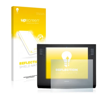 Parte frontal de un envase de producto con el logotipo de la marca upscreen. Al lado se muestra el dispositivo Wacom Intuos 3 