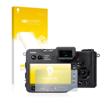 Parte frontal de un envase de producto con el logotipo de la marca upscreen. Al lado se muestra el dispositivo Sigma SD Quattr