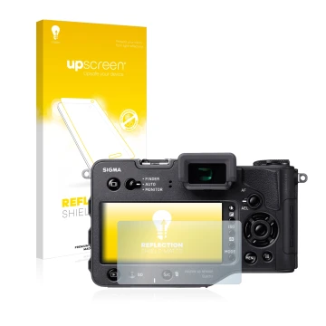 Parte frontal de un envase de producto con el logotipo de la marca upscreen. Al lado se muestra el dispositivo Sigma SD Quattr