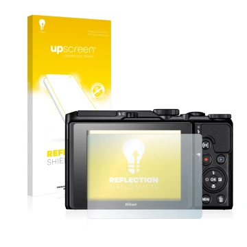 Parte frontal de un envase de producto con el logotipo de la marca upscreen. Al lado se muestra el dispositivo Nikon Coolpix A