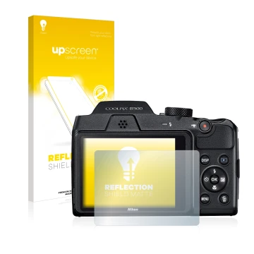 Parte frontal de un envase de producto con el logotipo de la marca upscreen. Al lado se muestra el dispositivo Nikon Coolpix B
