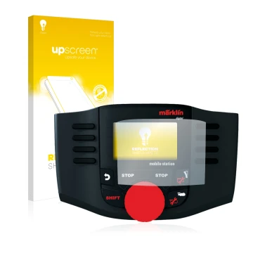 Parte frontal de un envase de producto con el logotipo de la marca upscreen. Al lado se muestra el dispositivo Märklin Mobile 
