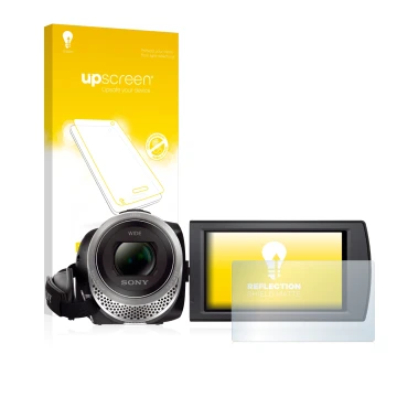 Parte frontal de un envase de producto con el logotipo de la marca upscreen. Al lado se muestra el dispositivo Sony FDR-AX53 c