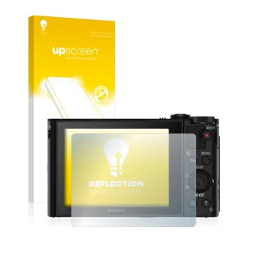 Parte frontal de un envase de producto con el logotipo de la marca upscreen. Al lado se muestra el dispositivo Sony Cyber-Shot