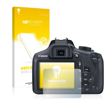 Parte frontal de un envase de producto con el logotipo de la marca upscreen. Al lado se muestra el dispositivo Canon EOS 1300D