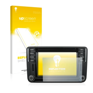 Parte frontal de un envase de producto con el logotipo de la marca upscreen. Al lado se muestra el dispositivo Volkswagen T6 2