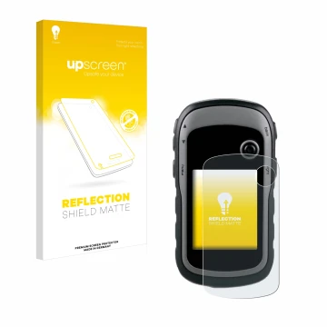 Parte frontal de un envase de producto con el logotipo de la marca upscreen. Al lado se muestra el dispositivo Garmin eTrex 30