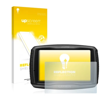 Parte frontal de un envase de producto con el logotipo de la marca upscreen. Al lado se muestra el dispositivo Garmin zumo 595