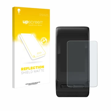 Parte frontal de un envase de producto con el logotipo de la marca upscreen. Al lado se muestra el dispositivo Garmin vivoacti