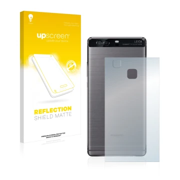 Parte frontal de un envase de producto con el logotipo de la marca upscreen. Al lado se muestra el dispositivo Huawei P9 Plus 