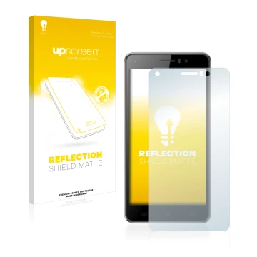 Parte frontal de un envase de producto con el logotipo de la marca upscreen. Al lado se muestra el dispositivo Cubot Rainbow c