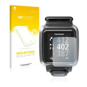 Parte frontal de un envase de producto con el logotipo de la marca upscreen. Al lado se muestra el dispositivo TomTom Golfer 2