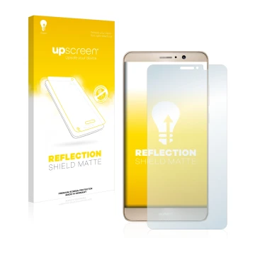 Parte frontal de un envase de producto con el logotipo de la marca upscreen. Al lado se muestra el dispositivo Huawei Mate 9 c