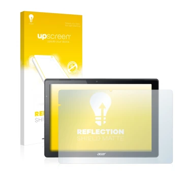 Parte frontal de un envase de producto con el logotipo de la marca upscreen. Al lado se muestra el dispositivo Acer Switch Alp