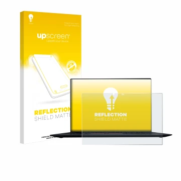 Parte frontal de un envase de producto con el logotipo de la marca upscreen. Al lado se muestra el dispositivo Lenovo ThinkPad