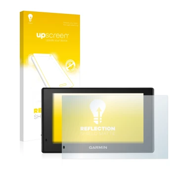 Parte frontal de un envase de producto con el logotipo de la marca upscreen. Al lado se muestra el dispositivo Garmin DriveSma