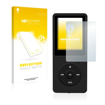 Parte frontal de un envase de producto con el logotipo de la marca upscreen. Al lado se muestra el dispositivo AGPtek 8GB MP3-