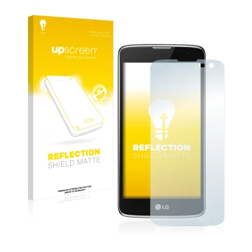 Parte frontal de un envase de producto con el logotipo de la marca upscreen. Al lado se muestra el dispositivo LG K7 (cámara a