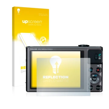 Parte frontal de un envase de producto con el logotipo de la marca upscreen. Al lado se muestra el dispositivo Canon PowerShot