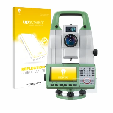 Parte frontal de un envase de producto con el logotipo de la marca upscreen. Al lado se muestra el dispositivo Leica Viva TS16