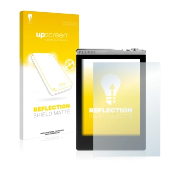 Parte frontal de un envase de producto con el logotipo de la marca upscreen. Al lado se muestra el dispositivo Cowon Plenue D 